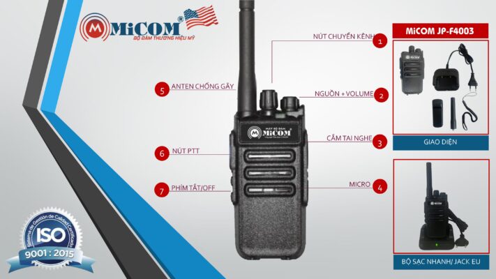 Bộ đàm Mini MiCOM JP-F4003 có kích thước nhỏ gọn và tiện dụng; sản phẩm đã được Kiểm Đinh Chất Lượng tại Việt Nam